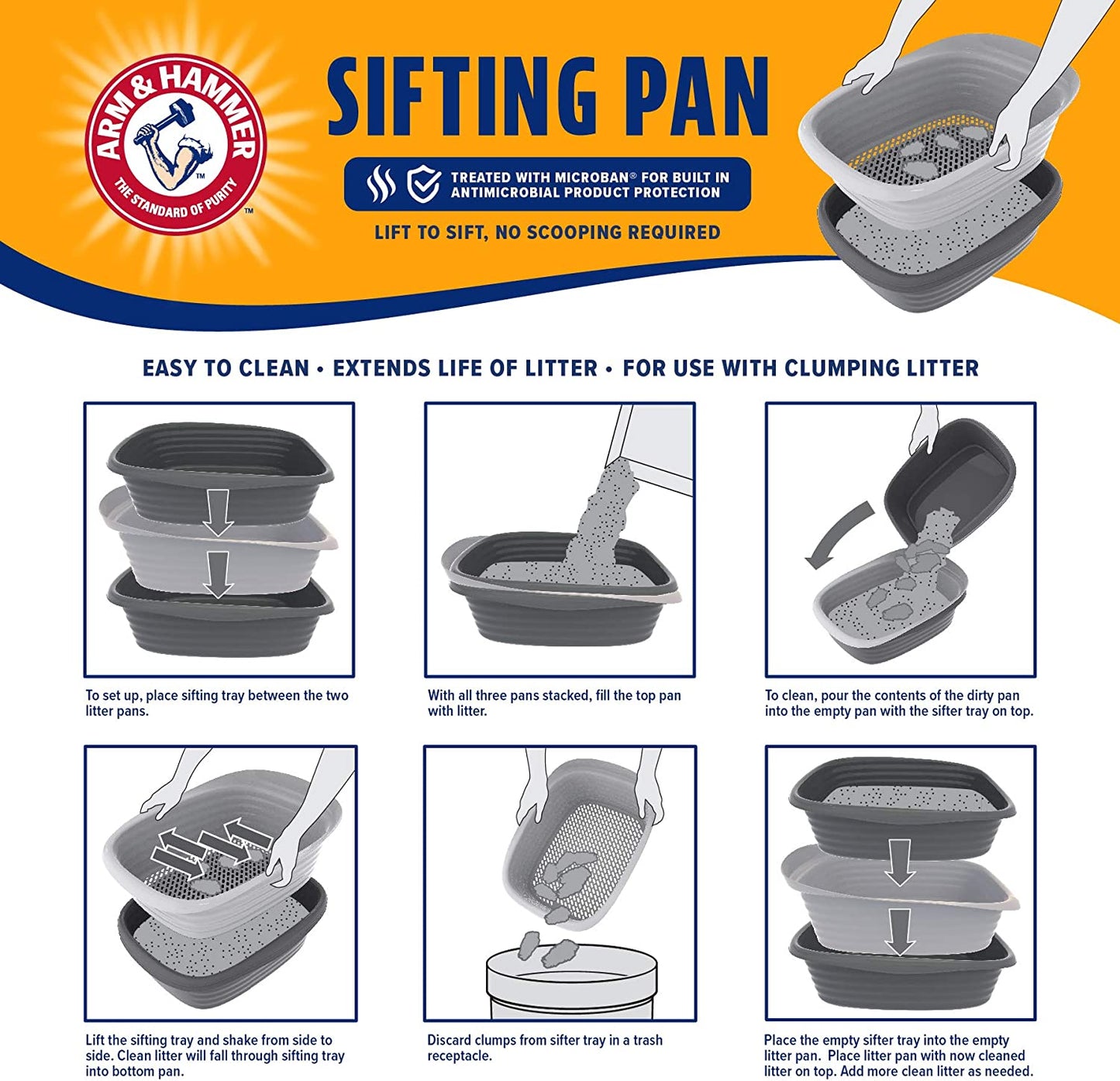 Large Sifting Litter Box Scoop Free Cat Litter Tray with Microban, Made in USA